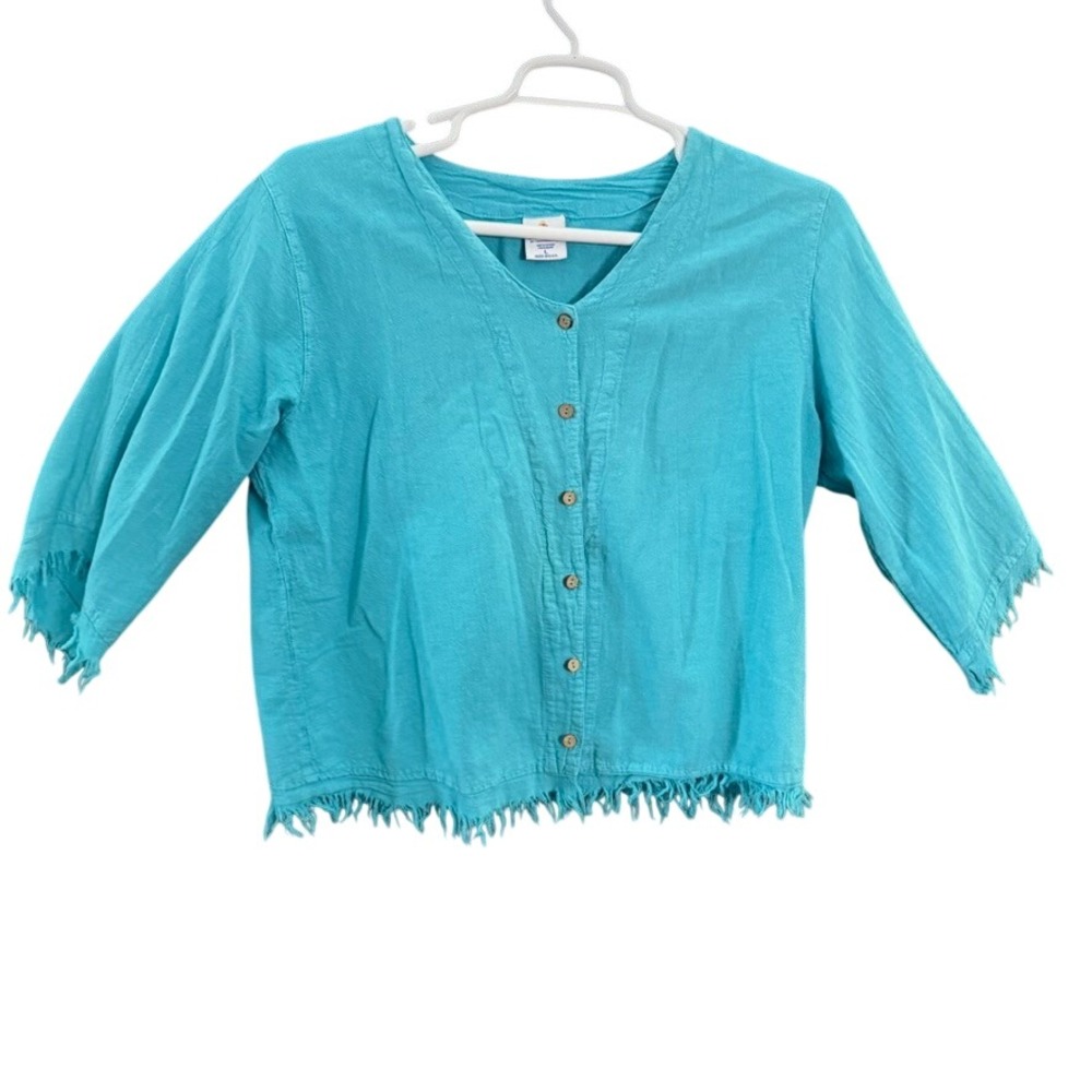 Sea Breeze of California Turquoise Cotton Gauze Fringe Trim Button Up Top L